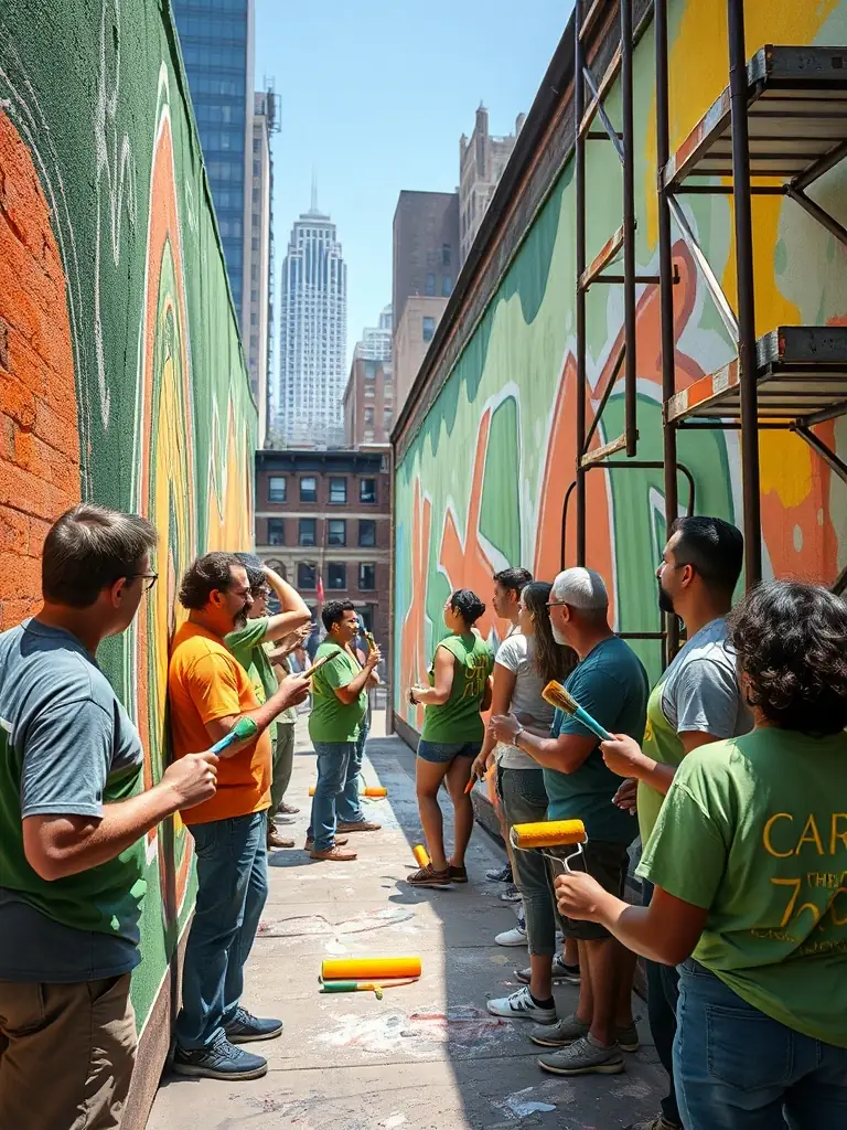 A picture of volunteers working on a community mural project supported by ASSOCIATION ANTRE PEAUX, demonstrating the organization's commitment to public art and community beautification.