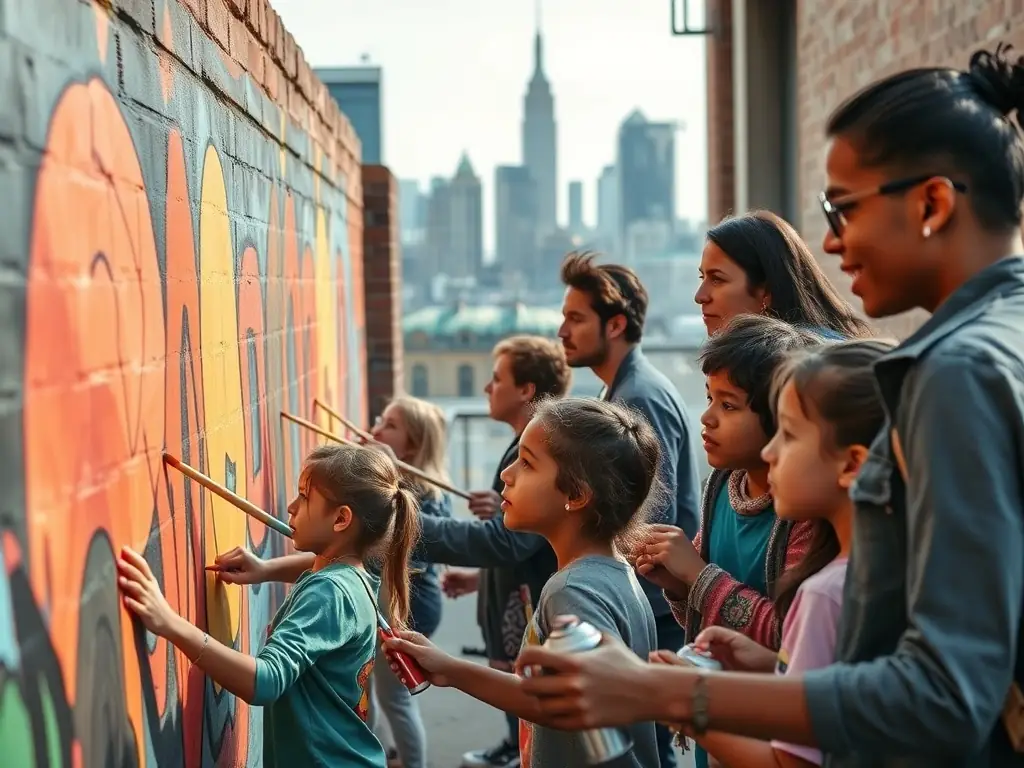 A photograph capturing a diverse group of community members participating in a collaborative mural painting project, showcasing the organization's commitment to inclusive artistic expression.
