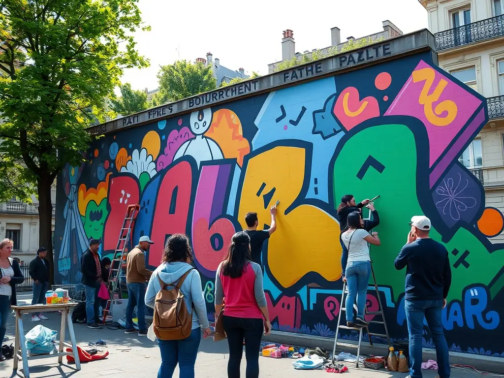 A photograph showcasing a collaborative mural project in a public space in Bourges, highlighting the community engagement and artistic expression facilitated by ASSOCIATION ANTRE PEAUX.