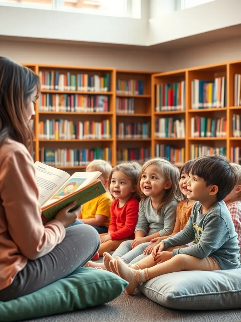 A heartwarming image of children participating in a storytelling session at a local library, illustrating the association's dedication to promoting access to culture and knowledge transmission among young audiences.