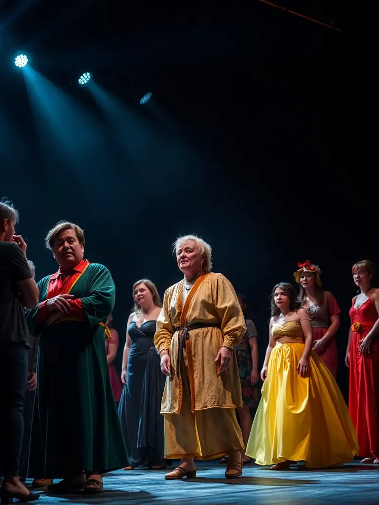 A captivating shot of a theatrical performance organized by ASSOCIATION ANTRE PEAUX, featuring local actors and musicians, with an engaged audience in the background.