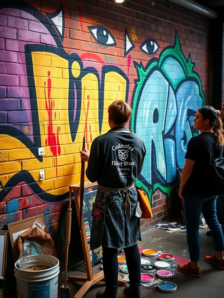 A dynamic image of a local artist leading a public art installation project, involving community members in the creation of a mural that reflects the town's history and culture.