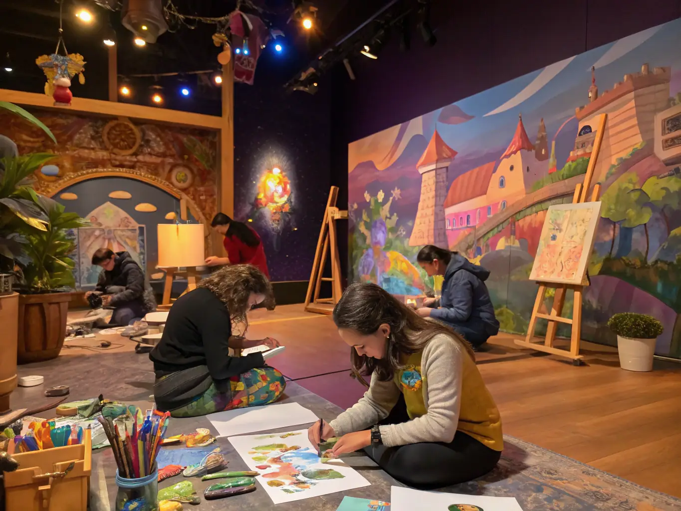 A vibrant image depicting a community art workshop in Bourges, France, with participants of all ages engaged in painting and creative activities, reflecting the inclusive nature of ASSOCIATION ANTRE PEAUX's programs.
