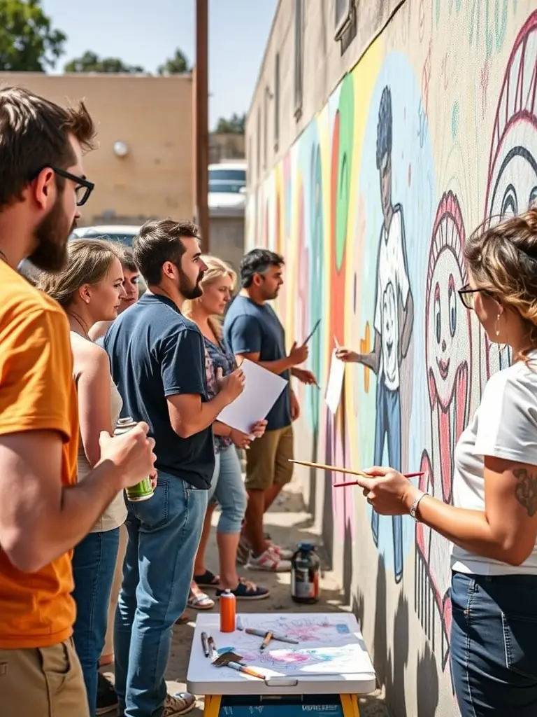 A vibrant photograph capturing a community art project in Bourges, France, showcasing participants of all ages collaborating on a large mural, reflecting the association's commitment to cultural dynamism and community engagement.