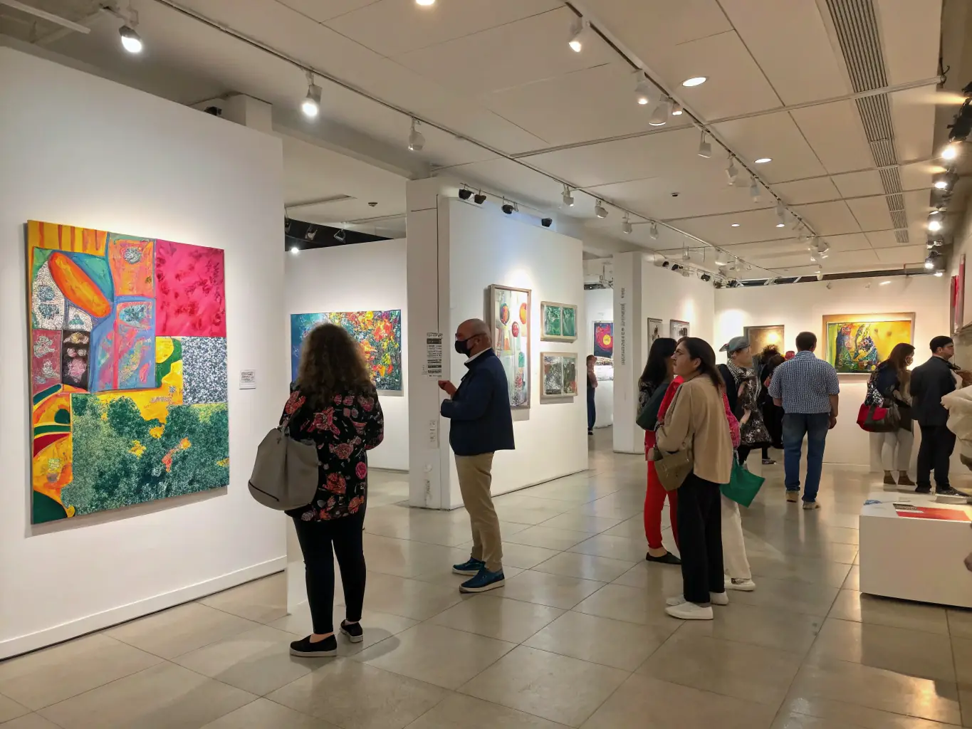 A photograph capturing a local art exhibition, featuring diverse artworks and attendees, highlighting the cultural richness and community engagement fostered by ASSOCIATION ANTRE PEAUX.