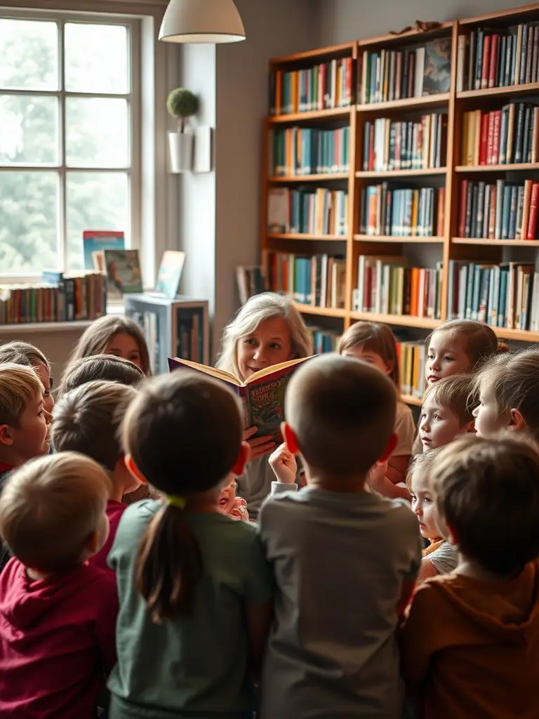 A photograph of children participating in a storytelling session at a local library, organized by ASSOCIATION ANTRE PEAUX, with books and puppets enhancing the experience.