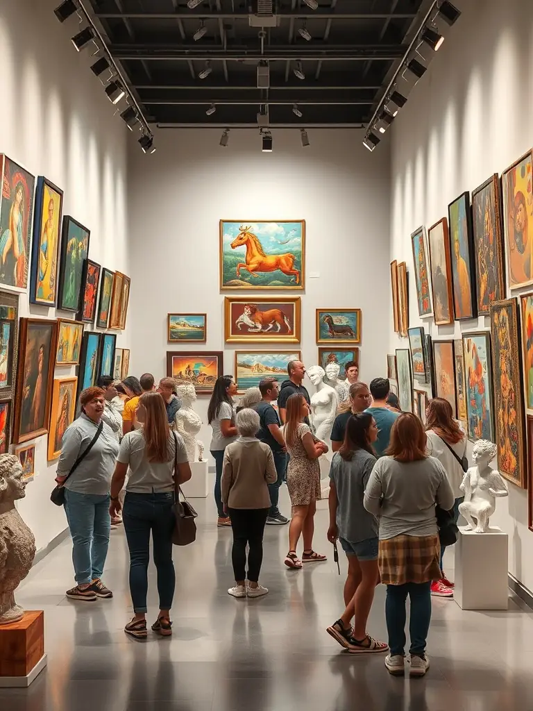A captivating photo of an art exhibition featuring local artists, showcasing a diverse range of artworks, emphasizing the association's role in supporting cultural projects and promoting access to culture.
