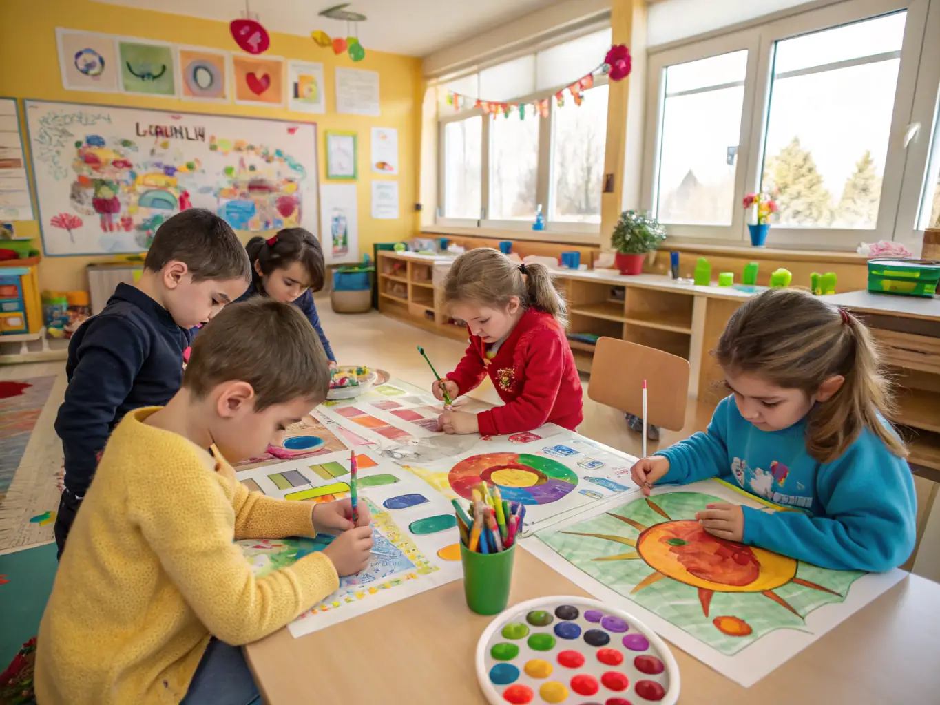 A heartwarming scene of children engaged in an interactive art workshop, demonstrating the organization's dedication to knowledge transmission and cultural education.