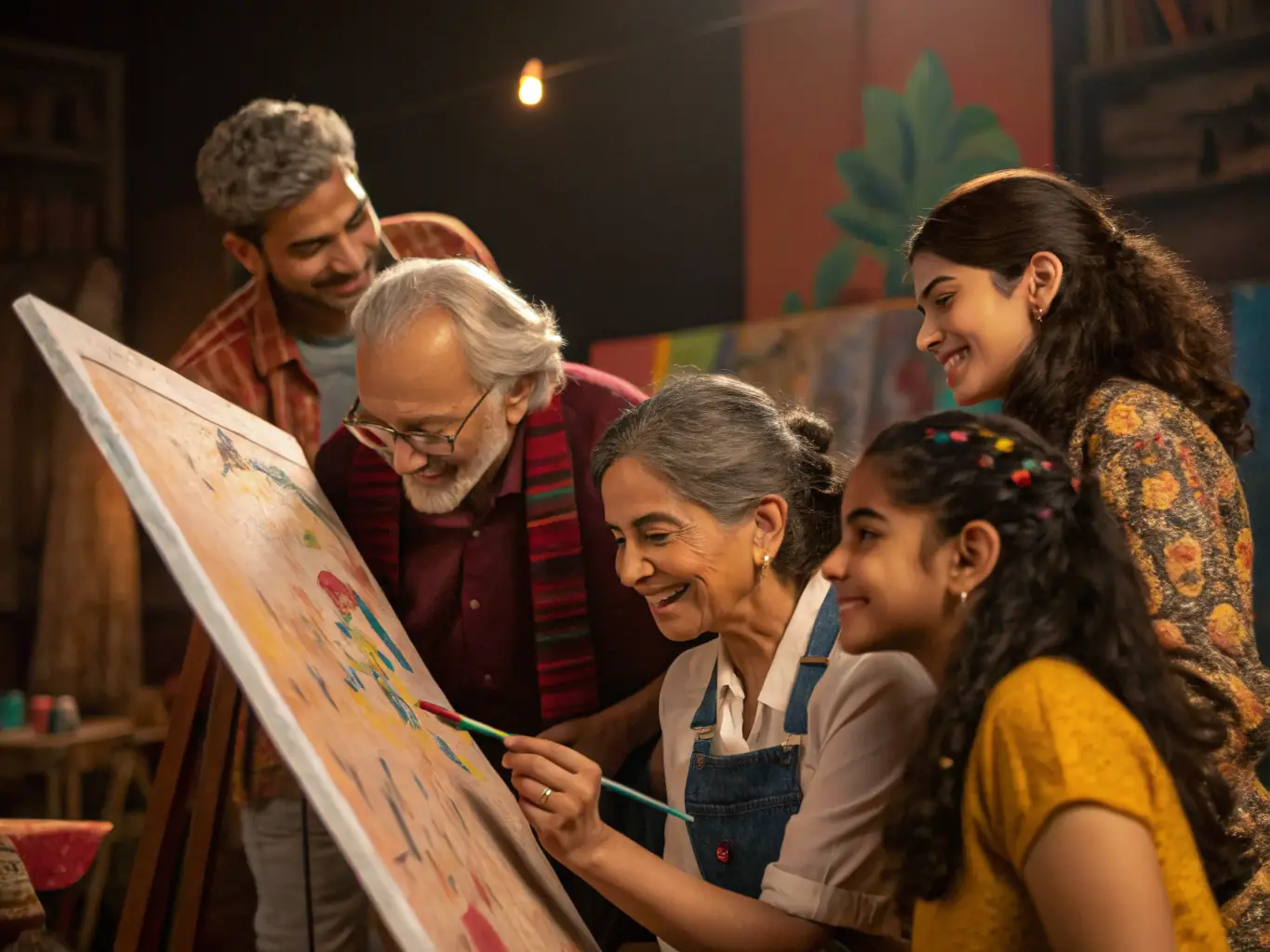 A vibrant image depicting participants engaged in a collaborative art workshop, showcasing diverse age groups and artistic mediums, set in a community center with natural light.