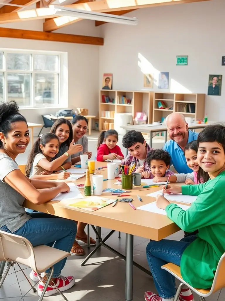 A vibrant photograph capturing participants engaged in a collaborative art workshop, showcasing diverse age groups and artistic expressions, set in a community center in Bourges.