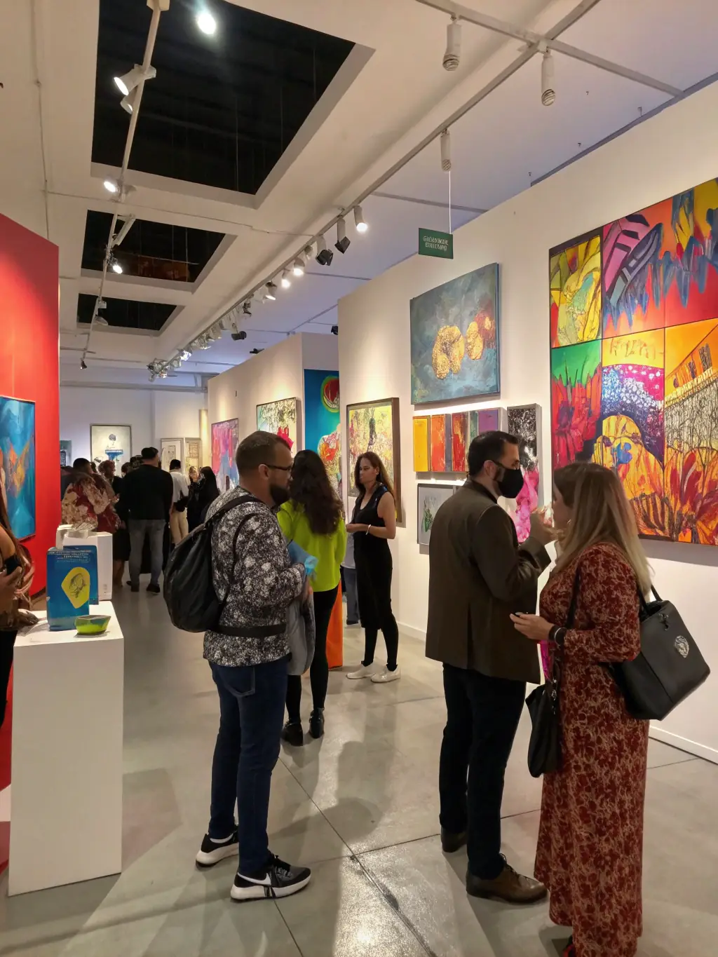 A vibrant image of a community art exhibition organized by ASSOCIATION ANTRE PEAUX, featuring local artists and attracting a diverse audience.